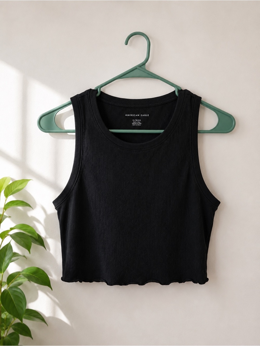 American Eagle Black Ribbed Cropped Tank Top XL Soft Stretch Basic